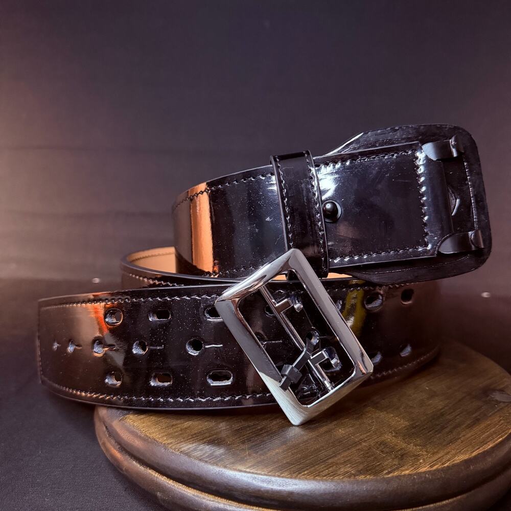 Galls Sam Browne Duty Belt Size 54" Leather Nickel Buckle 2.25" Wide Black 145
